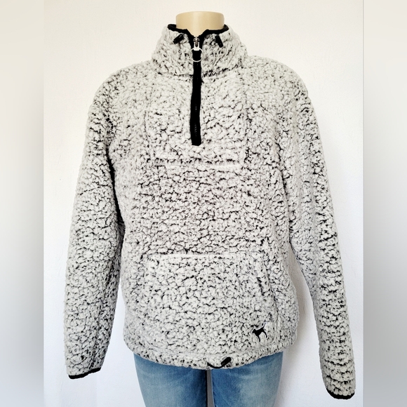 PINK Victoria's Secret Women Fuzzy Sherpa Pullover Sweater 3/4 Zip Front Gray S - Picture 6 of 16